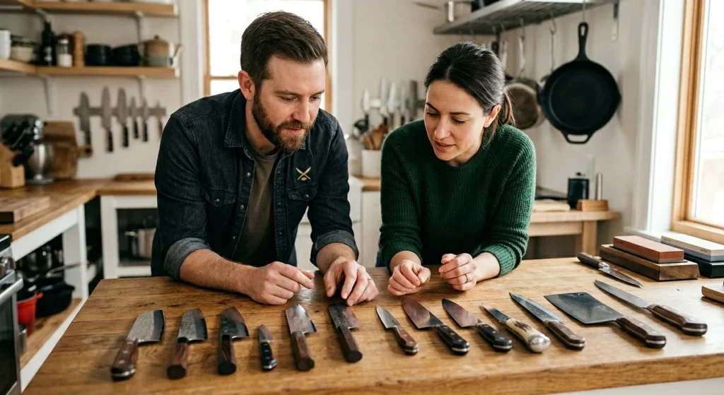 hombre y mujer analizando una serie de cuchillos en una mesa de madera grande