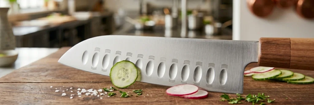 cuchillo santoku mostrando los alvéolos de la hoja