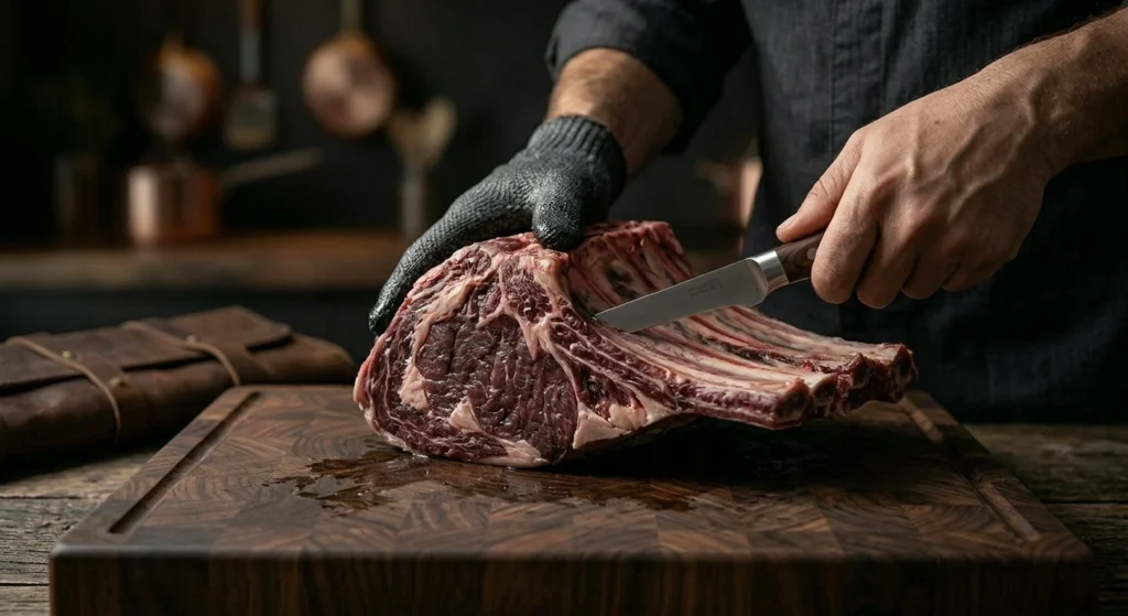 Un primer plano cercano y detallado de las manos de un chef, una con un guante gris resistente a cortes, utilizando un cuchillo deshuesador rígido de punta fina para separar meticulosamente la carne del hueso en un gran trozo de carne de vacuno mayor raw sobre una tabla de cortar de nogal oscuro. La iluminación es suave y dirigida, resaltando las texturas de la carne, el hueso y el metal del cuchillo en un ambiente de cocina premium oscuro.tipos de cuchillos de cocina