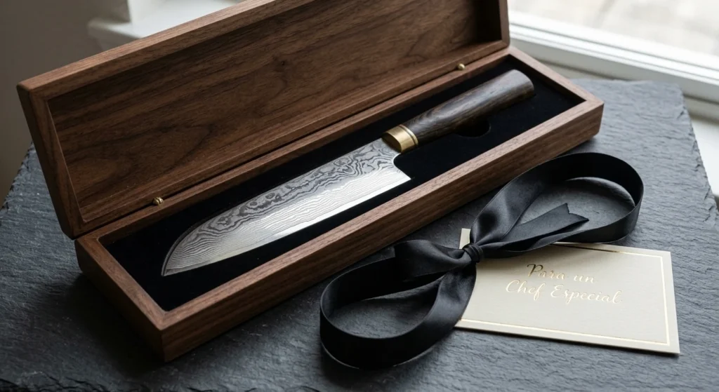 Cuchillo Santoku japonés de acero damasco en caja de madera premium con lazo negro y tarjeta de regalo sobre piedra oscura.