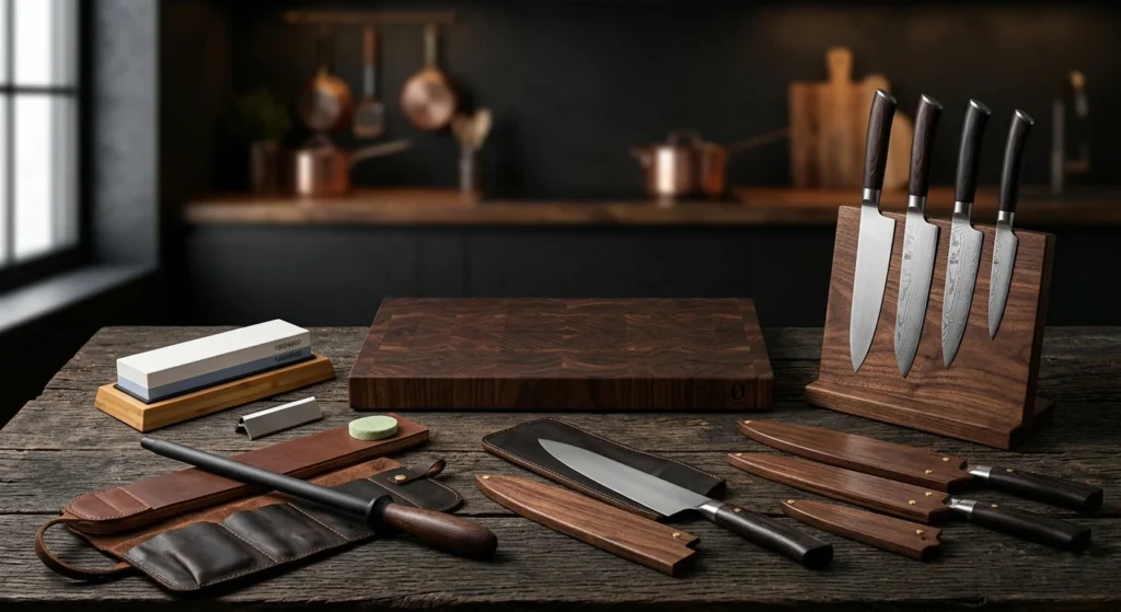 Un conjunto premium de cinco accesorios de cocina esenciales sobre una mesa de madera oscura: una tabla de cortar de nogal, piedras de afilar con guía, una chaira cerámica, un soporte magnético de madera con cuchillos y una manta de cuero para transporte, en una cocina de ambiente oscuro con iluminación cálida.