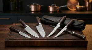 Un primer plano atmospheric y premium sobre una base de nogal oscuro que muestra una selección de cuchillos de chef de alta calidad (un cebollero, un santoku, una puntilla, un fileteador y un deshuesador), cada uno con su funda de cuero o madera de testa. Los cuchillos están organizados en una composición artística junto a una chaira de cerámica y una piedra de afilar, en un ambiente de cocina oscuro con iluminación enfocada y texturas ricas. No hay texto en la imagen.