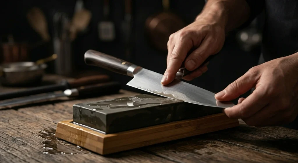 Un primer plano atmospheric en una cocina oscura donde un artesano afila un cuchillo de cocina premium sobre una piedra de afilar japonesa húmeda. El agua gotea sobre la piedra negra montada en una base de bambú. El cuchillo tiene un mango de madera oscura y una hoja de acero Damasco. La iluminación es suave y dirigida, resaltando las texturas del metal, el agua y la piedra. No hay texto en la imagen.Accesorios esenciales