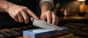Cuchillo de chef inclinado sobre piedra de afilar al agua en cocina oscura