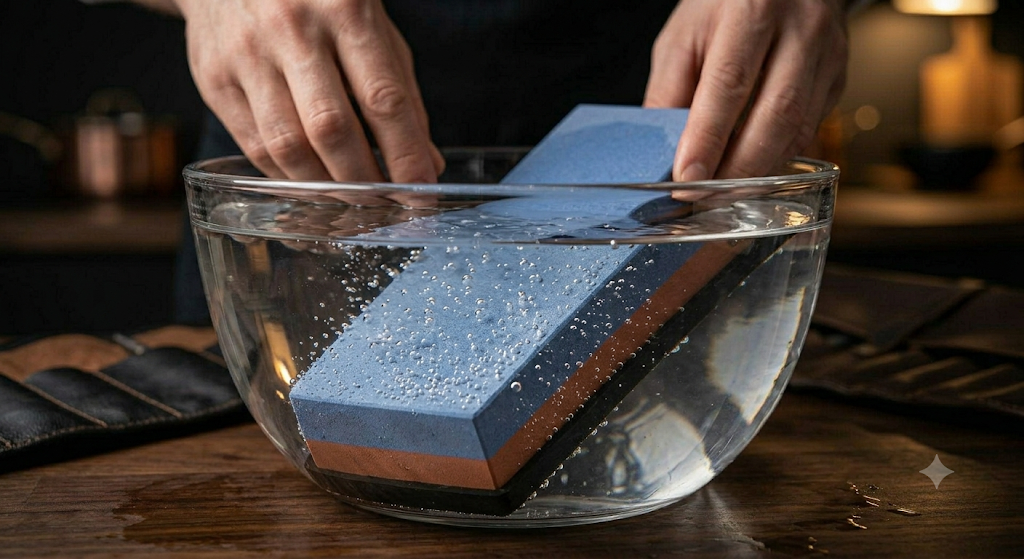 Piedra de afilar de doble cara sumergida en un bol de cristal con agua.
cómo afilar cuchillos japoneses