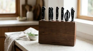 Juego de cuchillos de cocina en un bloque de madera encima de una encimera de cocina y un trapo