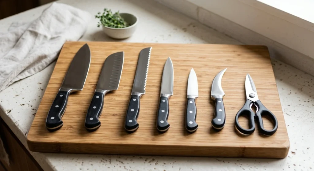 Coleccion de cuchillos puestos encima de una tabla de bambu Juegos de cuchillos de cocina